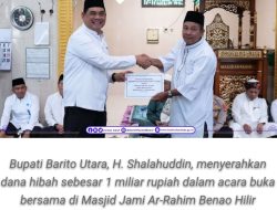 Bupati Barito Utara Serahkan Hibah Rp1 Miliar untuk Masjid Jami Ar-Rahim Benao Hilir